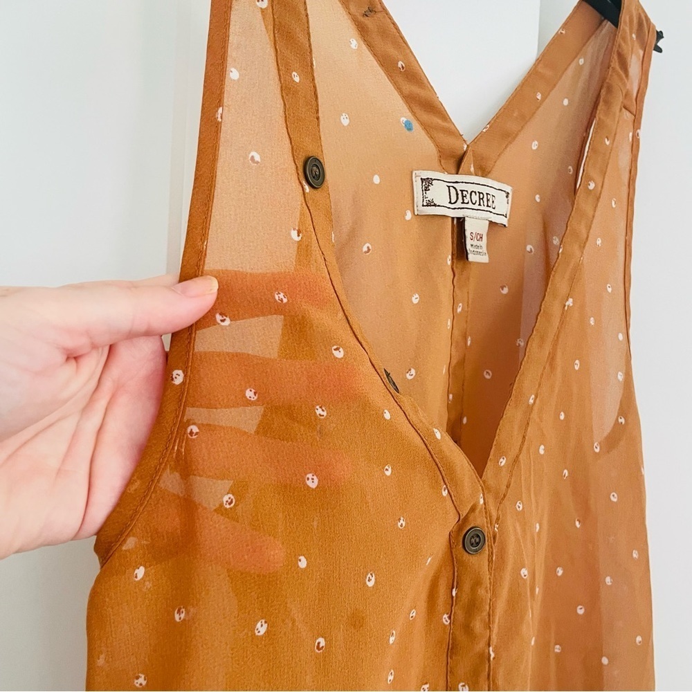 Decree Sheer V-Neck Blouse Orange White Polka Dots Size S - Picture 2 of 12